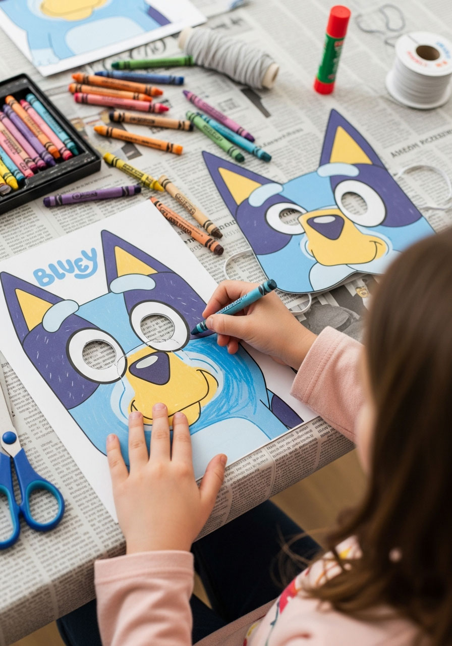 Child coloring printed Bluey mask template with crayons for birthday party craft activity