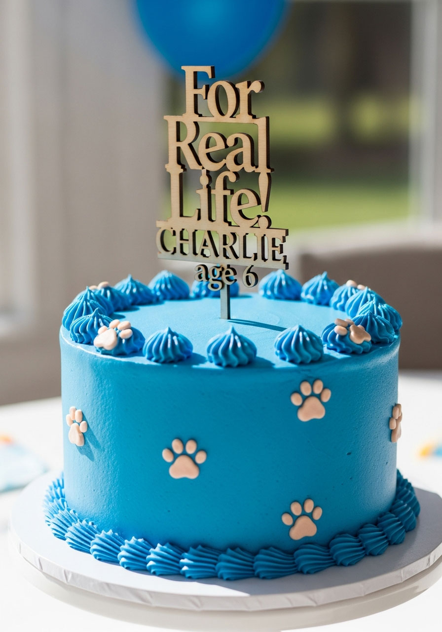 Personalized Bluey quote cake topper reading "For Real Life" with child's name and age on birthday cake