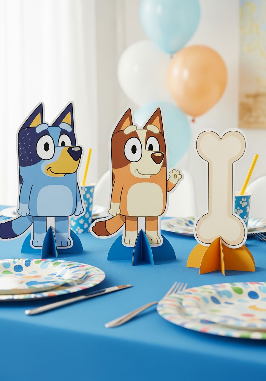 Bluey and Bingo cardboard character standee decorations with fold-out bases for party table