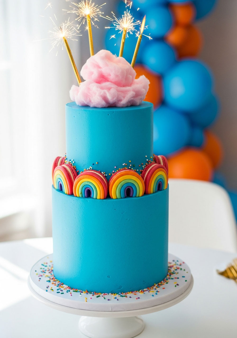 Tall three-tiered Bluey birthday cake decorated with blue frosting, cotton candy, macarons, and rainbow sprinkles on party table