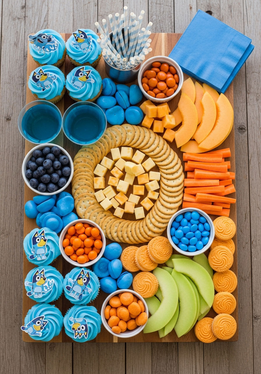Bluey birthday party dessert board with blue and orange treats including cupcakes, fruit, cheese, and crackers