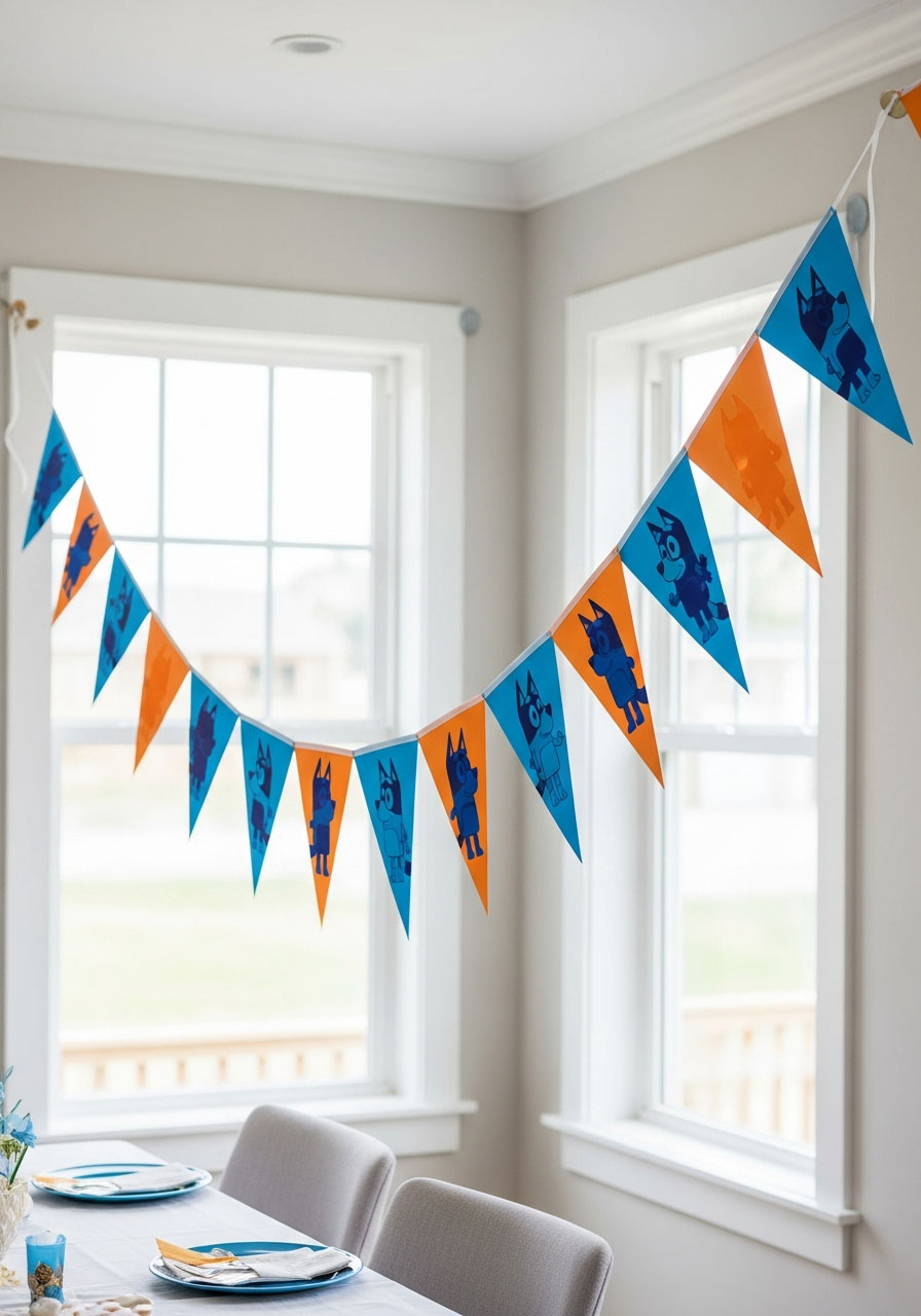 Blue and orange triangular bunting banner with Bluey character designs hanging across party room