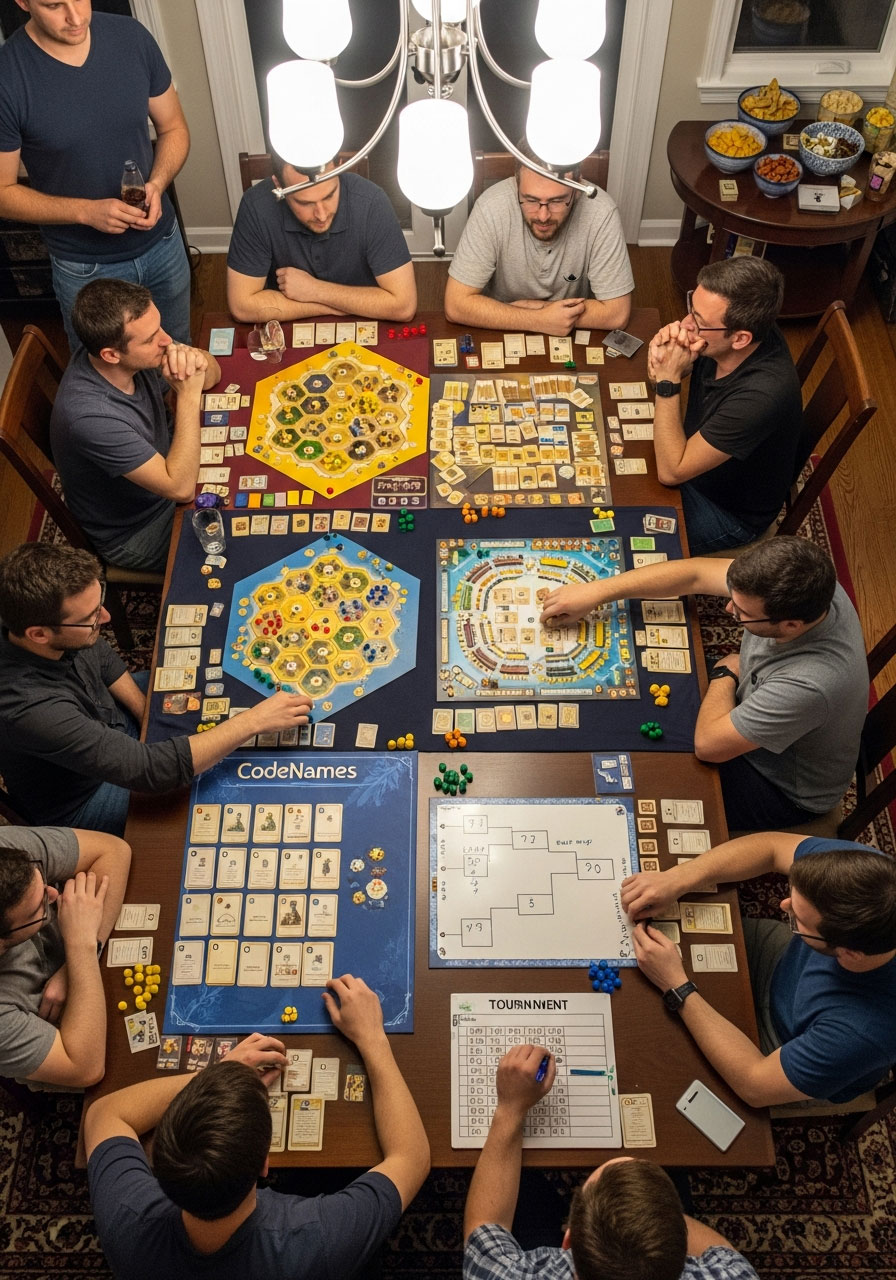 Board game tournament birthday party with multiple games, score tracking, competitive players, and organized bracket system