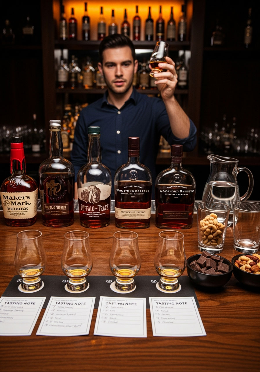 Bourbon tasting party setup featuring multiple whiskey bottles, Glencairn glasses, tasting note cards, and palate cleansers for sophisticated adult birthday celebration