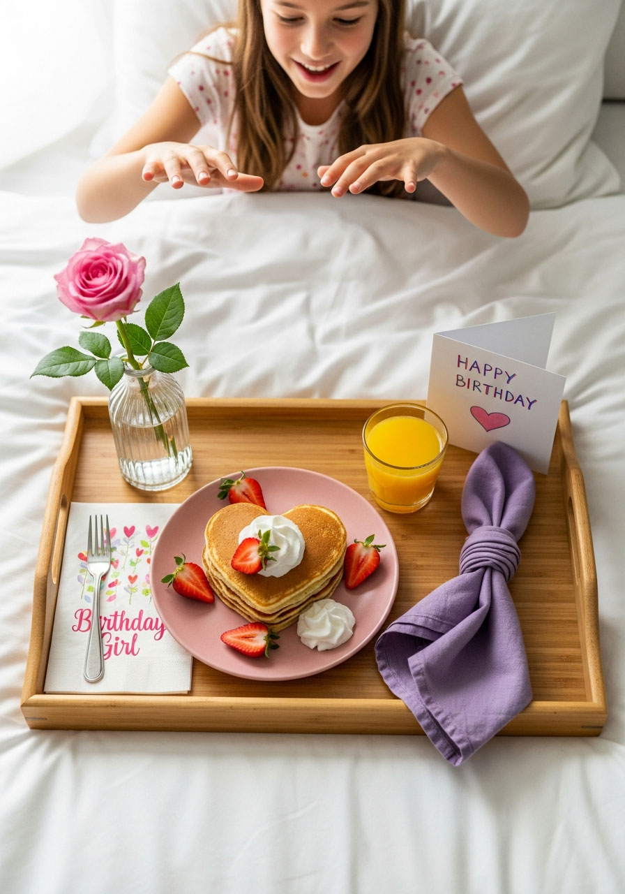 Special birthday breakfast served in bed on decorative tray with pancakes, flower, and handwritten card for daughter