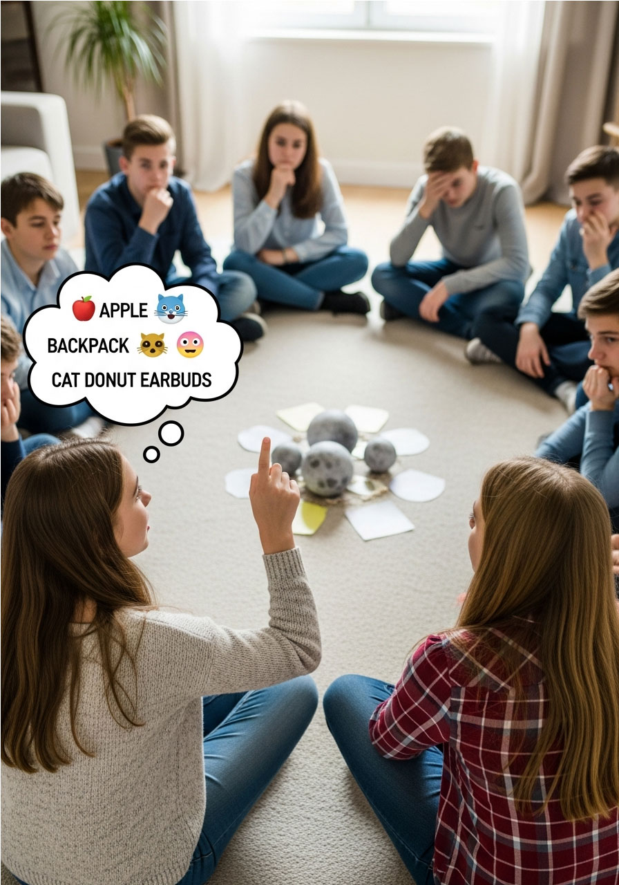 Circle of teens playing Bring to the Moon alphabet memory game at Sweet 16 birthday party