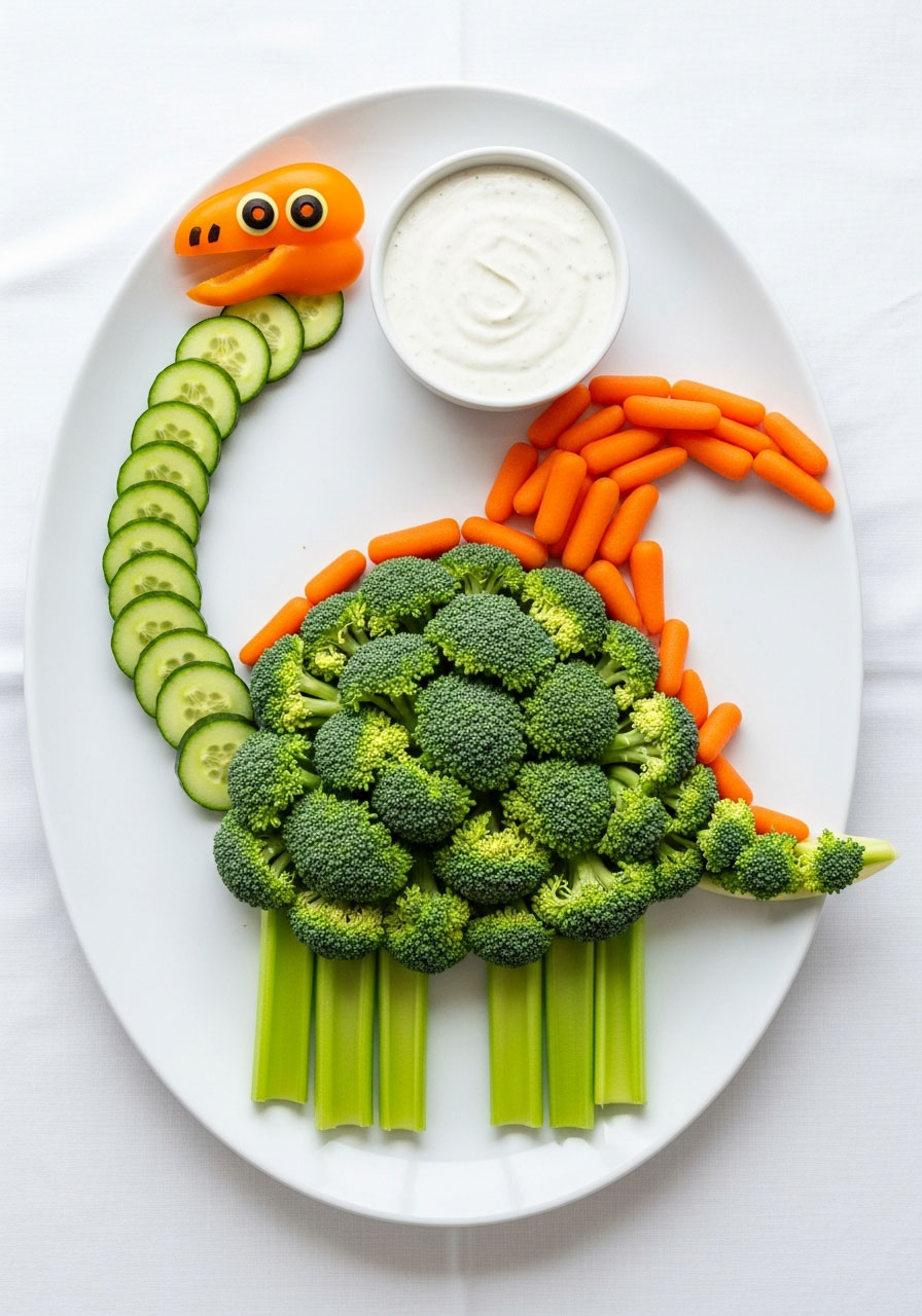 Brontosaurus veggie tray with broccoli body, cucumber neck, and celery legs on white platter