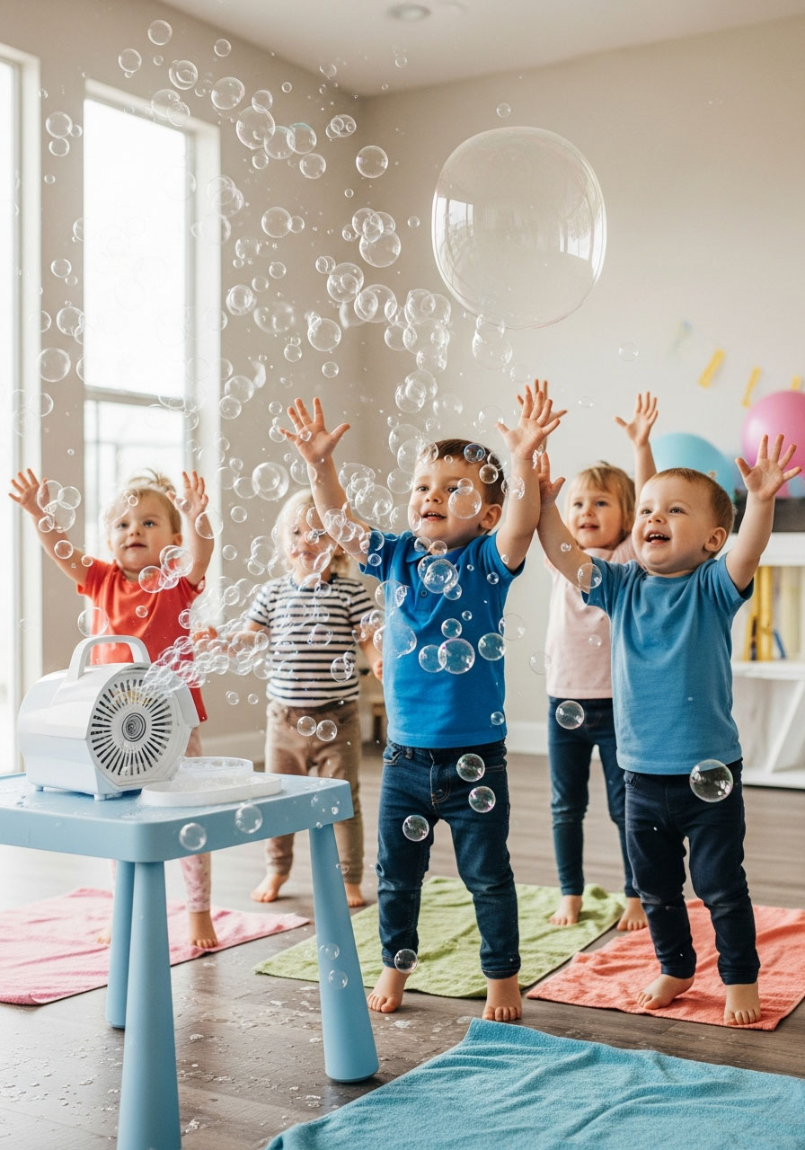 Toddlers chasing bubbles from bubble machine at indoor birthday party celebration