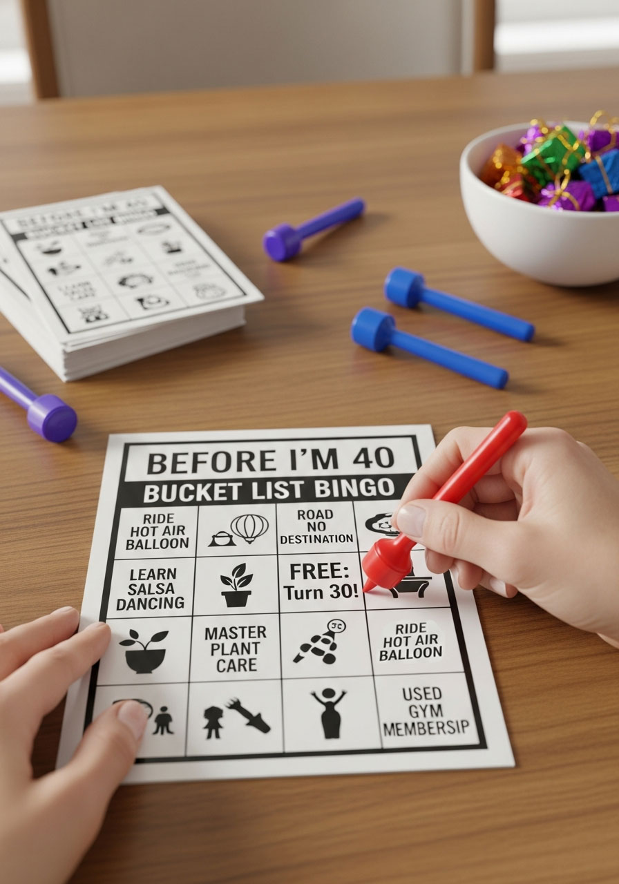 Bucket list bingo card with fun activities to complete before turning 40 at birthday party