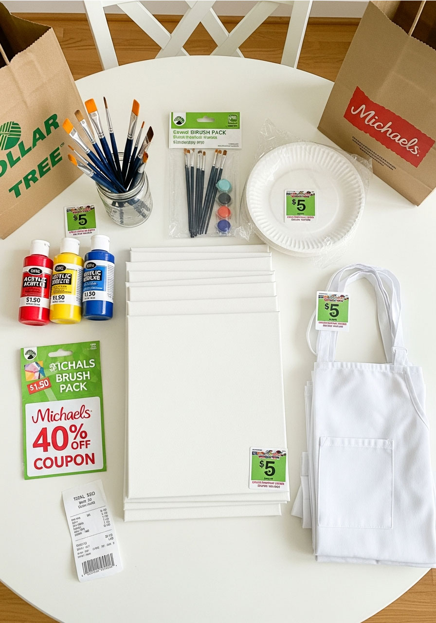 Budget-friendly art party supplies including canvases, acrylic paints, brushes, and aprons arranged on table with store coupons