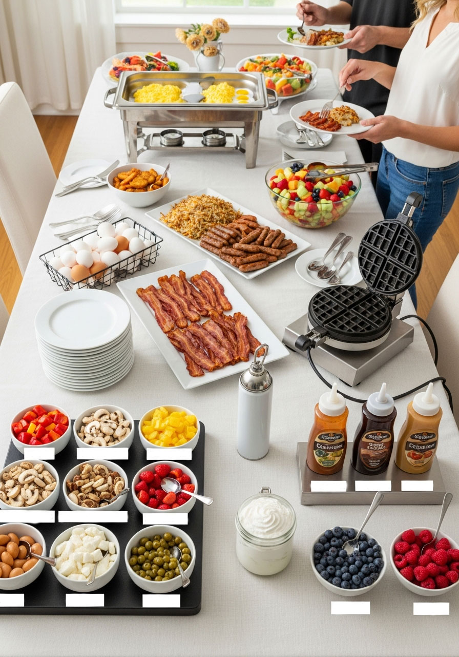 Complete build-your-own brunch buffet with omelet station, waffle bar, breakfast proteins, and customizable toppings for interactive birthday party