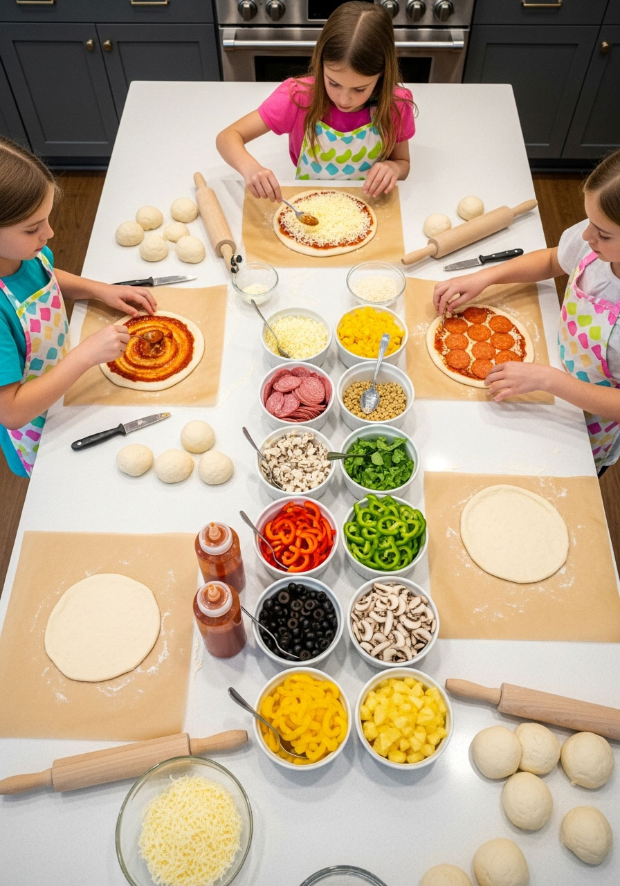 Girls making custom pizzas at build-your-own pizza party station with assorted toppings and ingredients