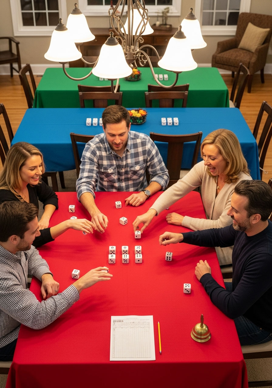 Bunco dice game setup with three tables arranged for birthday party showing dice, scorecards and players ready to play