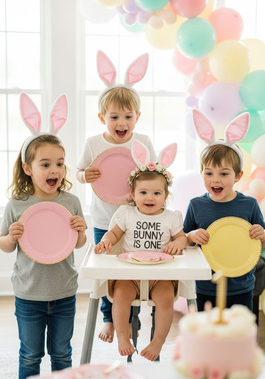 Children wearing adorable bunny ear headbands at Some Bunny Is One first birthday celebration