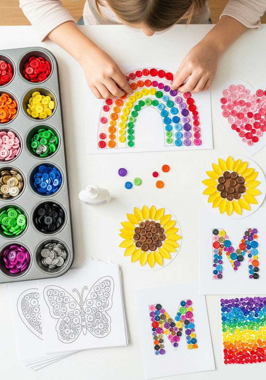 Child creating rainbow button art on cardstock at organized craft station with sorted colorful buttons at birthday party