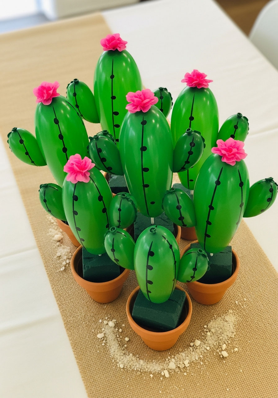 DIY cactus balloons in terracotta pots with drawn spines and paper flowers - cute desert themed birthday party centerpiece