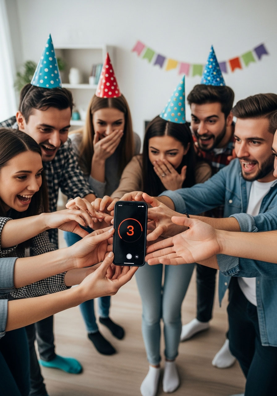 Friends playing camera hot potato selfie game at birthday party passing smartphone in circle while timer counts down