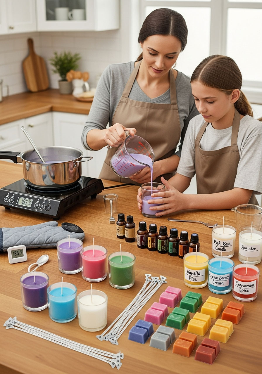 Woman and teen pouring melted lavender wax into glass mold at candle making birthday party station