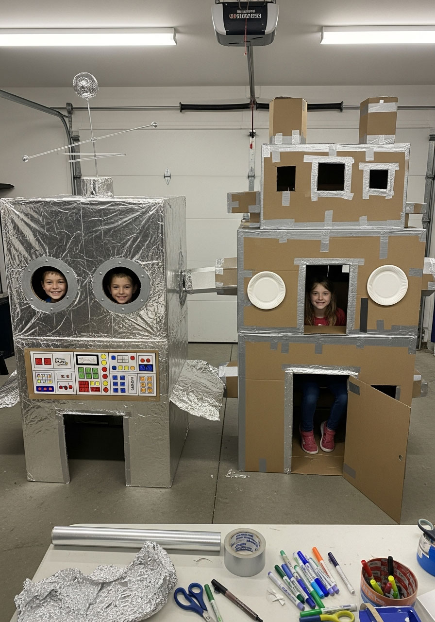 Kids inside completed cardboard space stations decorated with foil and markers at indoor birthday party craft activity