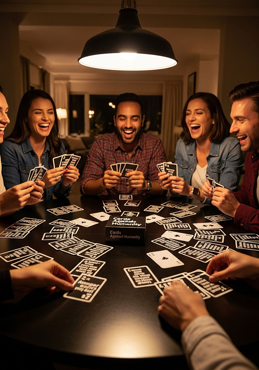 Friends playing Cards Against Humanity card game at adult birthday party with black and white cards spread on table