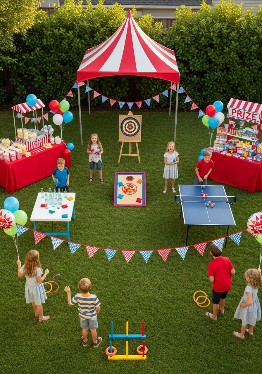 Complete DIY carnival birthday party setup in backyard with game stations, prize table, and children playing carnival games