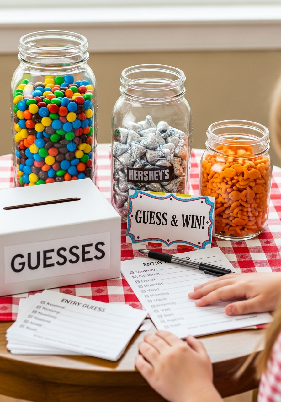 Three glass jars filled with candy and goldfish crackers with guessing entry forms at carnival birthday party activity booth