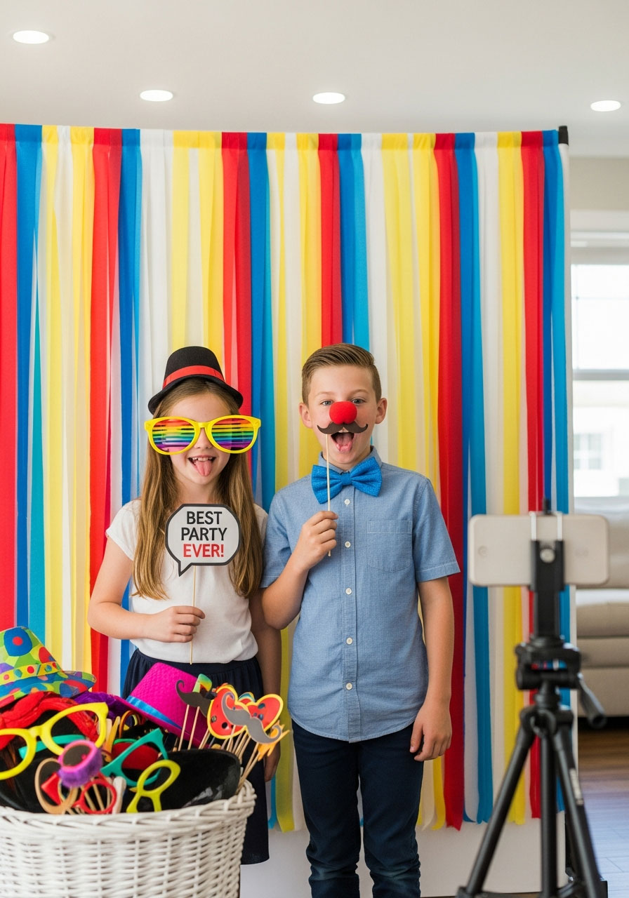 Children posing with props at DIY carnival photo booth with colorful streamer backdrop at birthday party