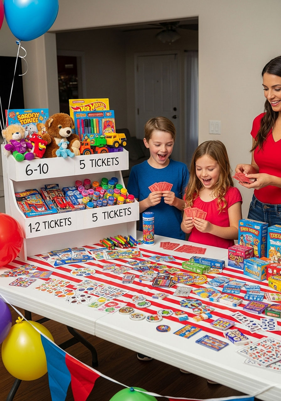 Children redeeming carnival tickets for prizes at organized prize table with tiered display at birthday party