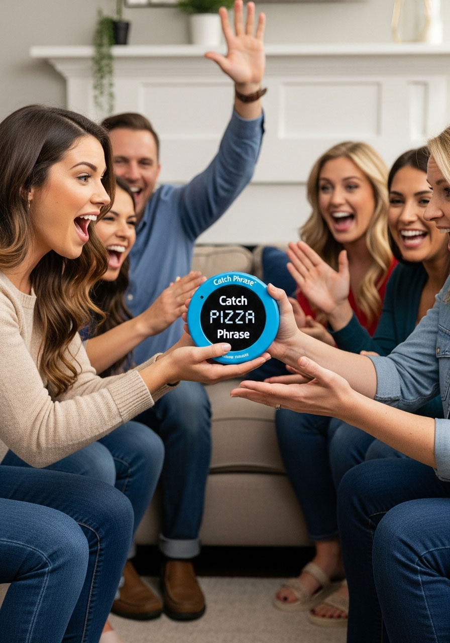 Adults playing electronic Catch Phrase team game at birthday party with players giving clues and guessing words