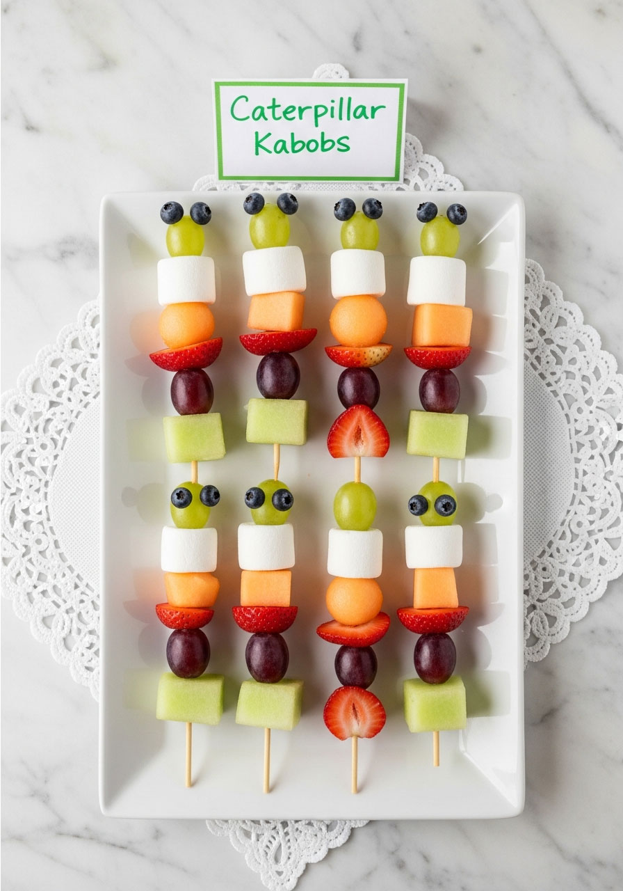 Caterpillar fruit kabobs with colorful fruits on skewers for healthy Alice in Wonderland party treats