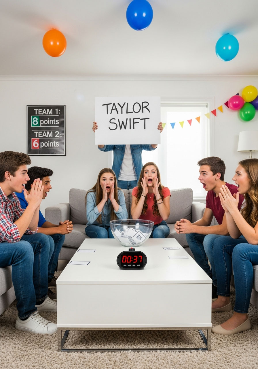 Teens playing fast-paced celebrity guessing game at Sweet 16 with timer and scoreboard visible