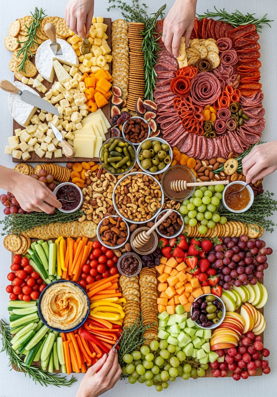 Massive charcuterie potluck grazing table with cheese board, meat board, vegetable board, and fruit board sections for collaborative birthday party