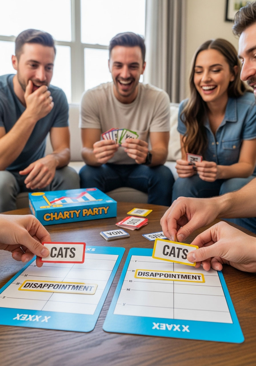 Friends playing Charty Party graph game at birthday party creating funny charts with absurd axis labels
