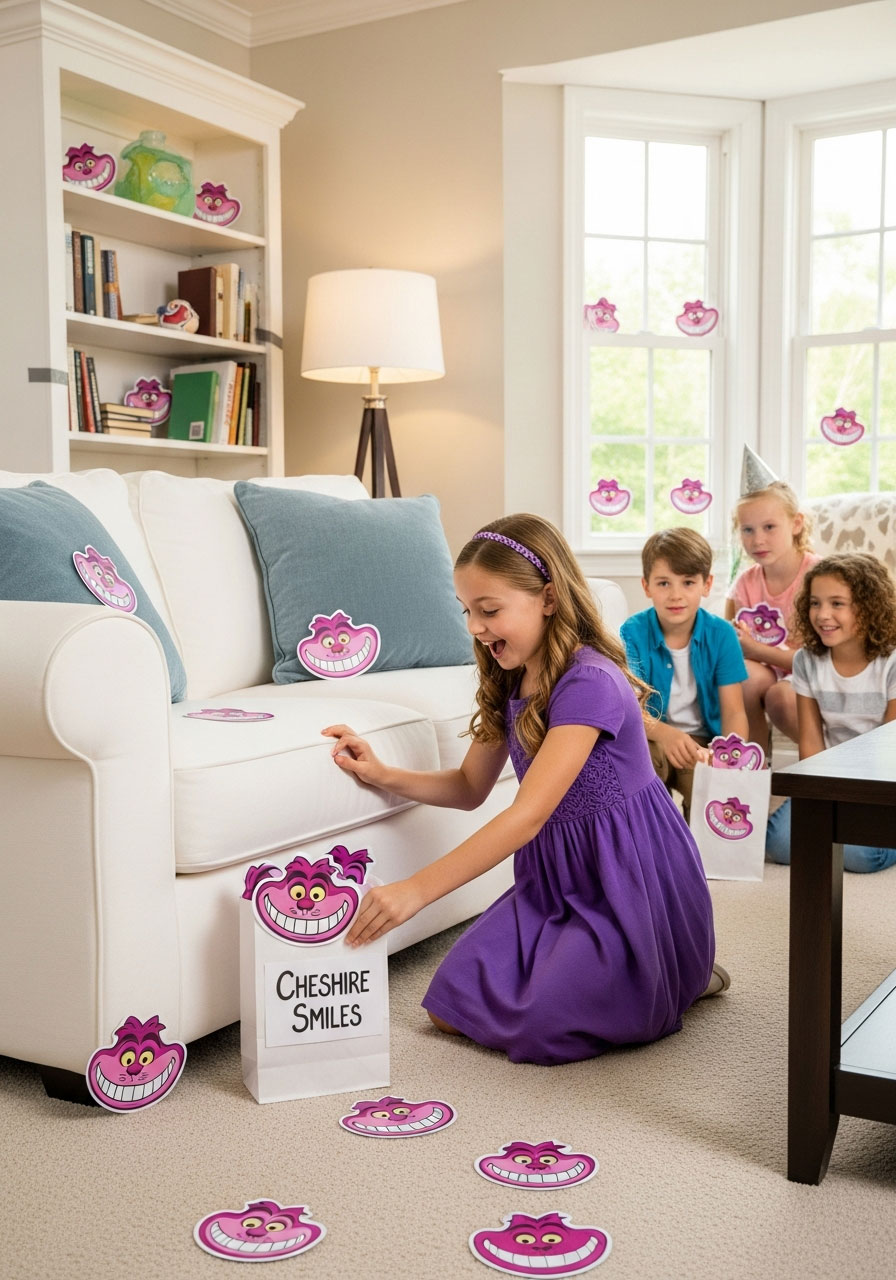 Children playing Cheshire Cat smile scavenger hunt game finding hidden grins at Alice in Wonderland birthday party