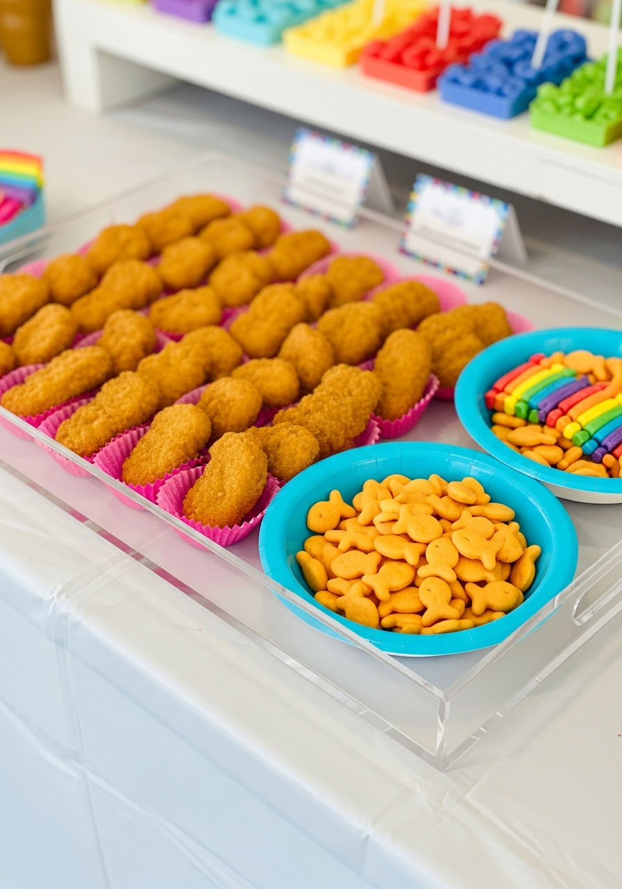 Chicken nuggets and rainbow Goldfish crackers served on colorful trays as kid-friendly food options at ice cream birthday party