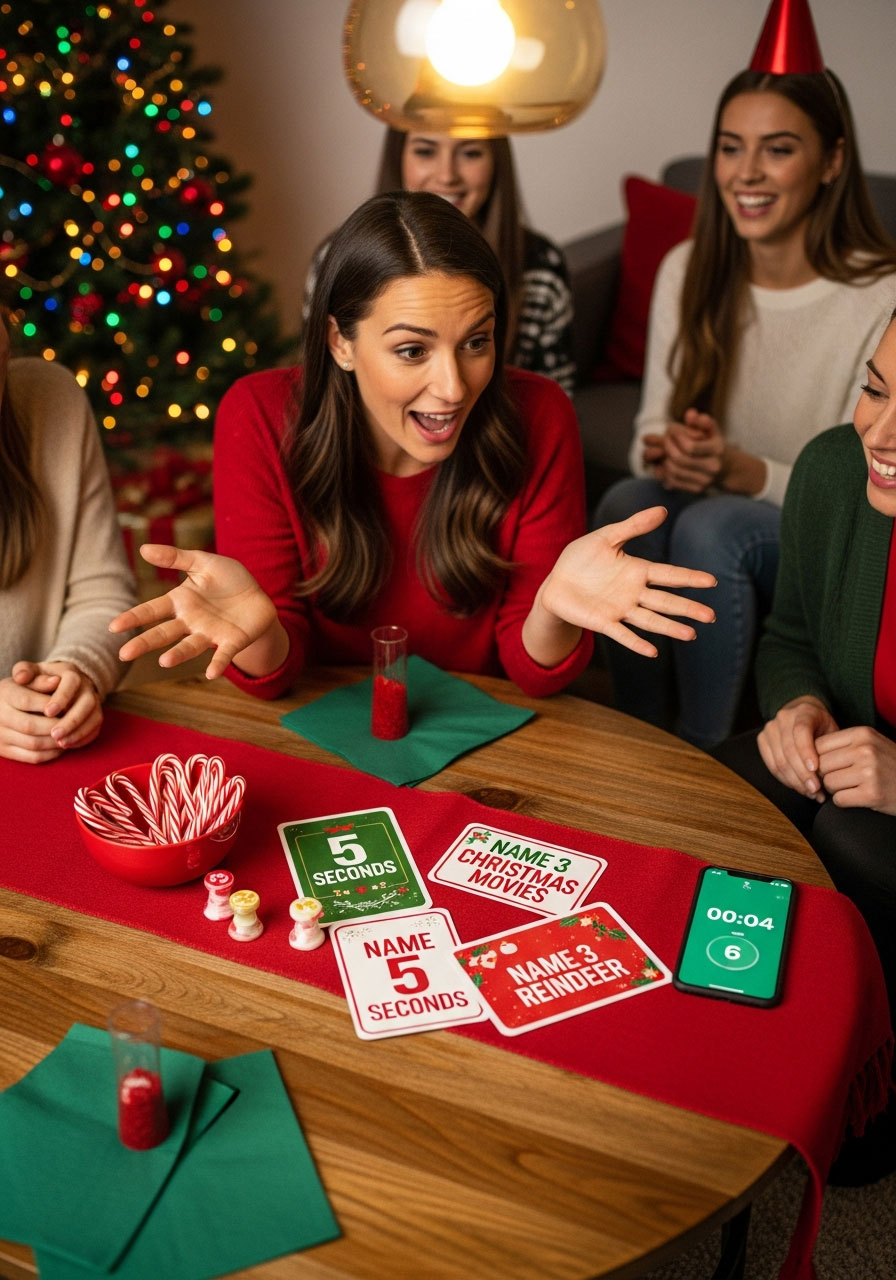 Family playing Christmas 5 Seconds Game at holiday party with game cards, timer, and excited players naming three things