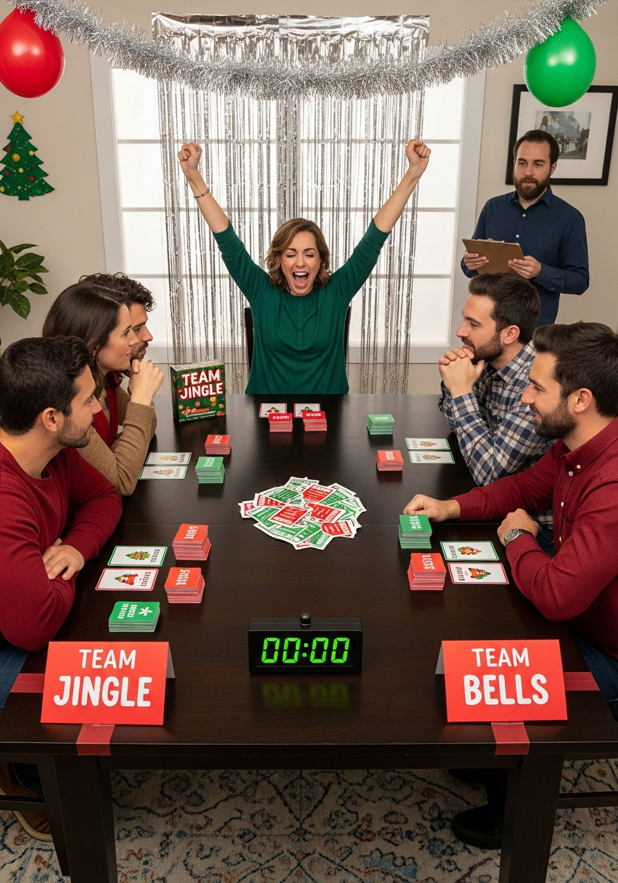 Two teams competing in Christmas 5 Seconds Game team battle variation with score piles and excited players