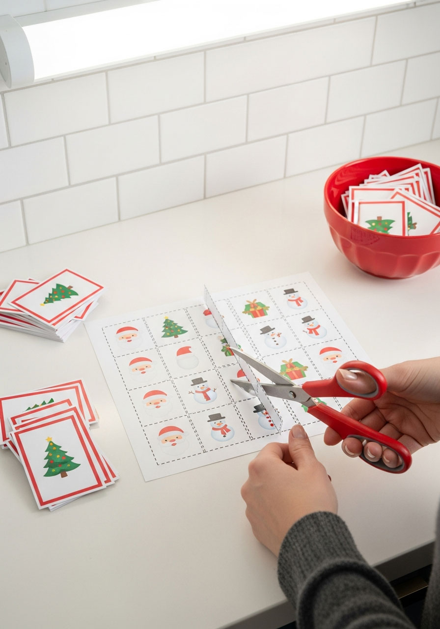Hands cutting out Christmas bingo calling cards with scissors for holiday game preparation