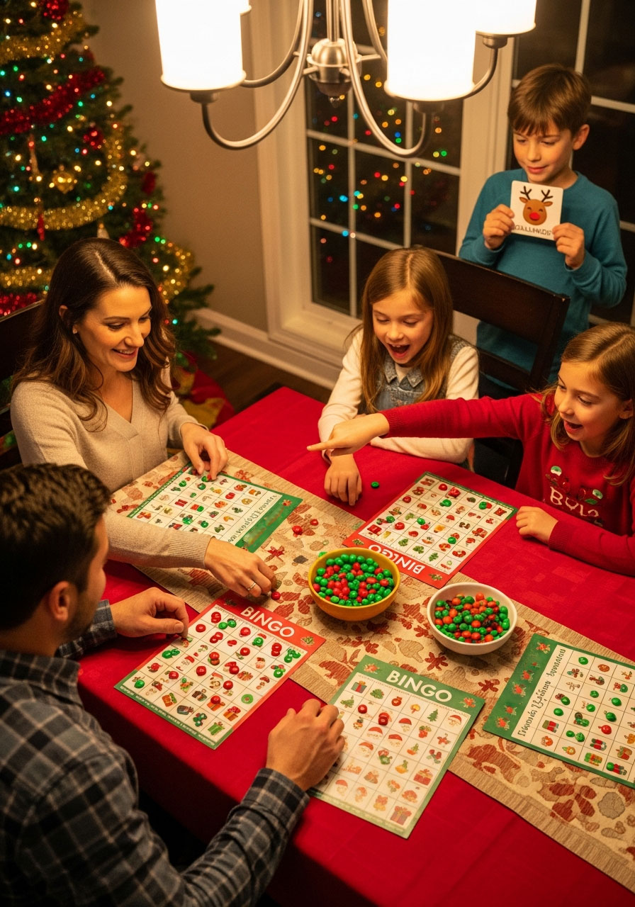 Family playing free printable Christmas bingo cards with candy markers at holiday party game night