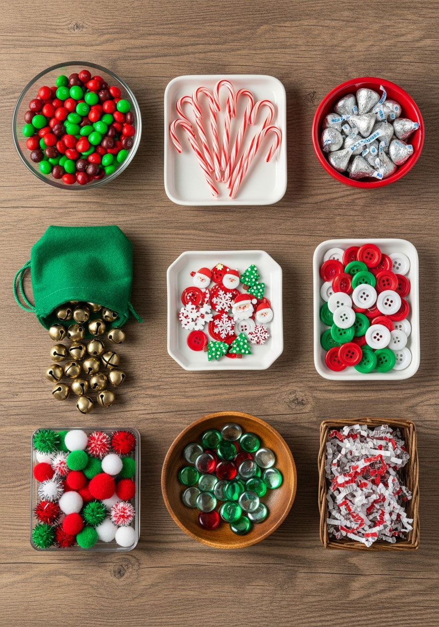 Creative Christmas bingo markers including candy, jingle bells, buttons and festive decorations for holiday games