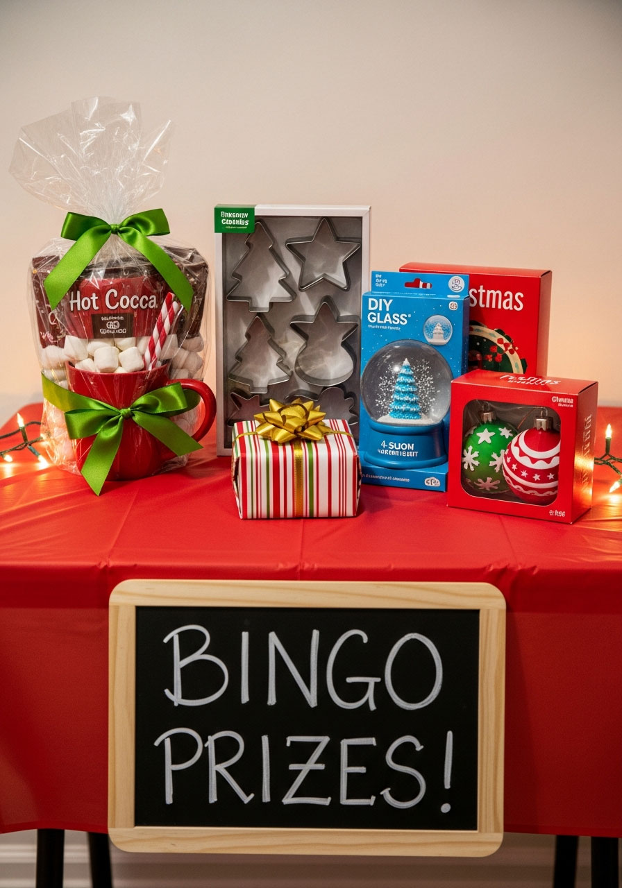 Christmas bingo prize ideas including hot cocoa kit, cookie cutters and holiday crafts for party winners