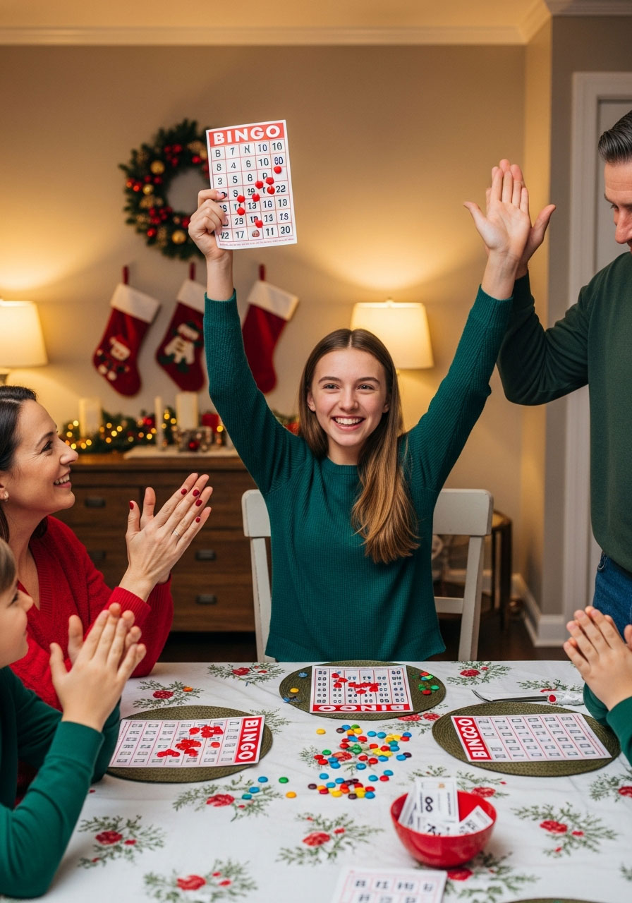 Teen girl celebrating Christmas bingo win with family during holiday game night party