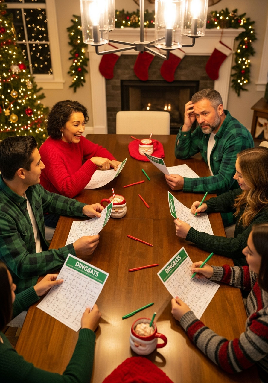 Family playing Christmas dingbats puzzle game around dining table during festive holiday party with printed game sheets