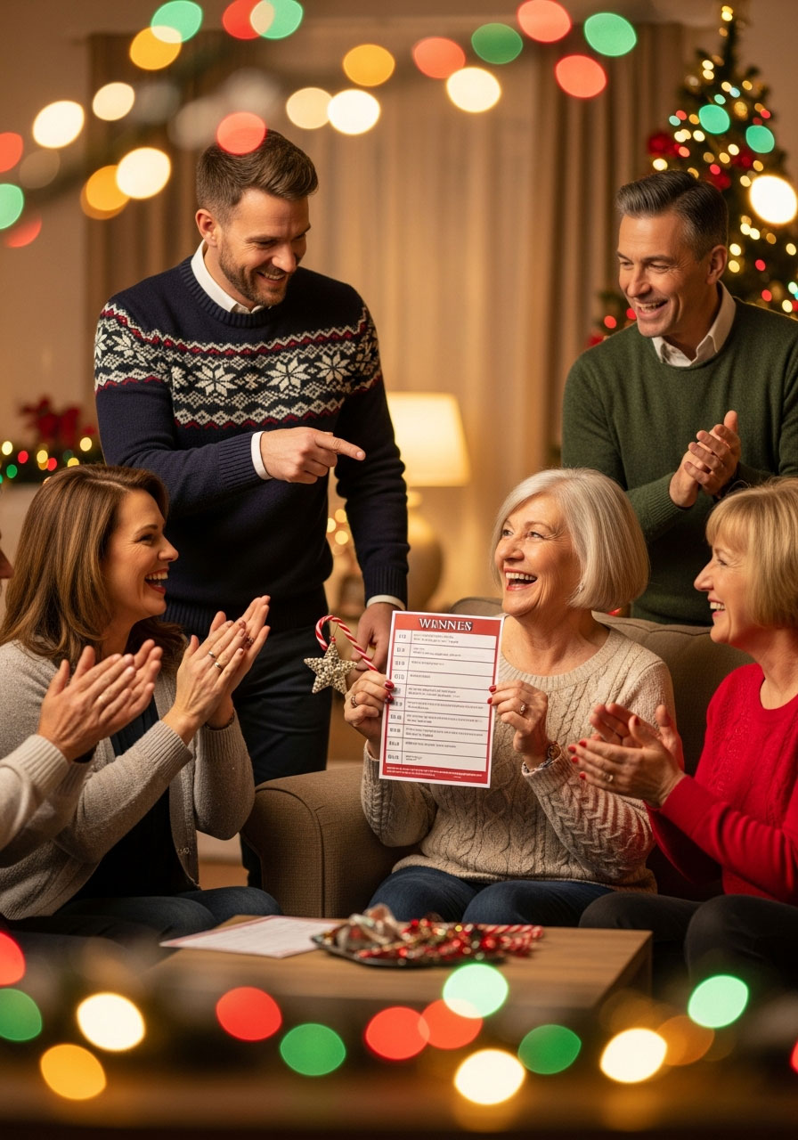 Host announcing winner of the Christmas Song Emoji Game at holiday party