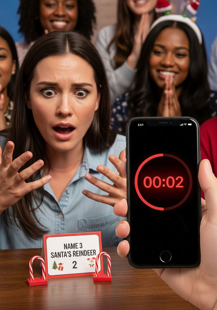 Player under pressure trying to name three things with timer showing 2 seconds left in Christmas 5 Seconds Game