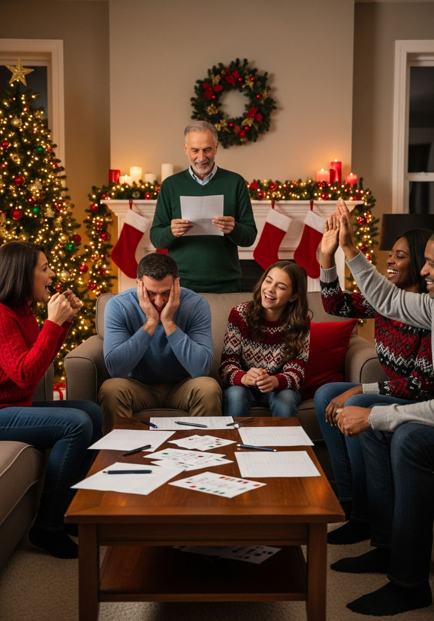Group of friends reacting to Christmas dingbats answers being revealed during holiday party game night