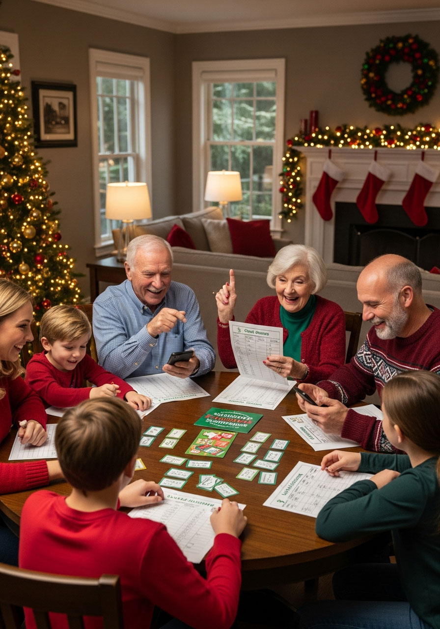 Multi-generational family playing Christmas Scattergories free printable game as holiday tradition
