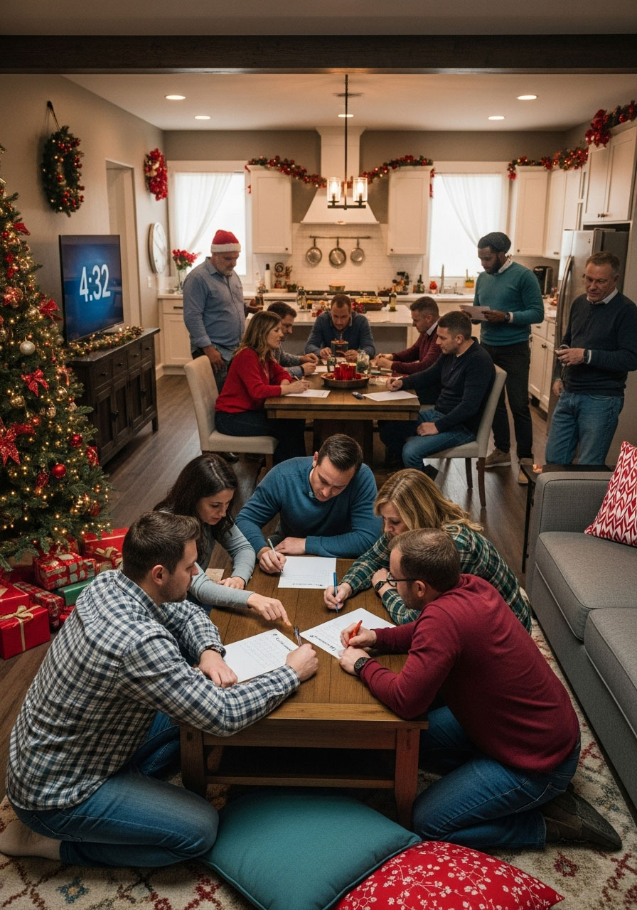 Large Christmas party with teams playing Christmas Scattergories game in living room