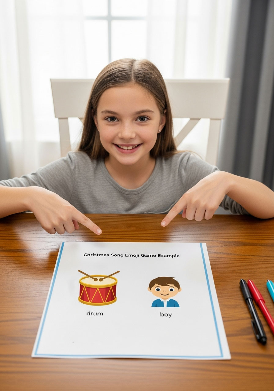 Instructional example showing drum plus boy emoji clue for Christmas Song Emoji Game