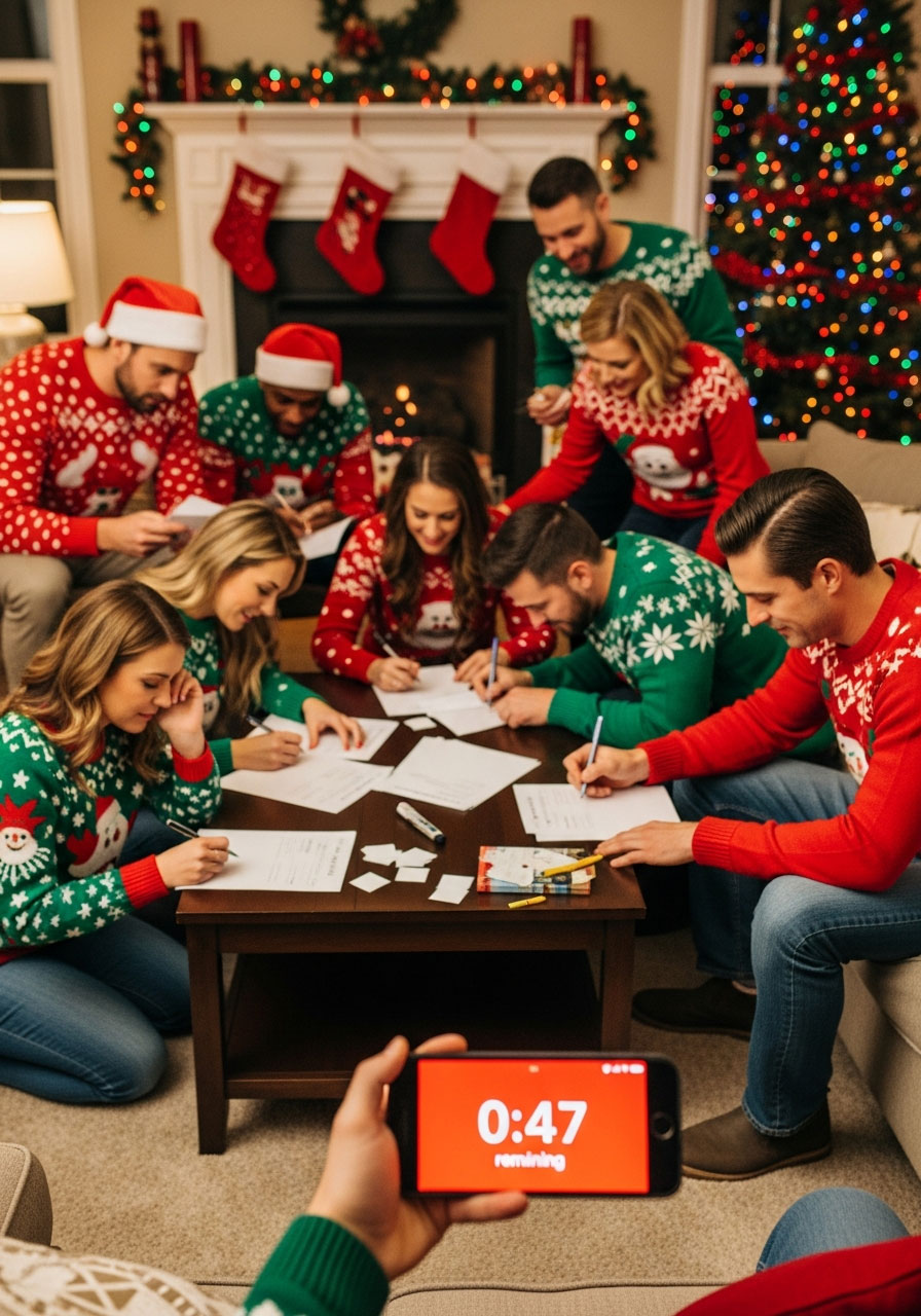 Holiday party guests playing Christmas Think Fast game beat the clock method with host holding timer while players write answers simultaneously
